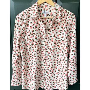 Denim & Co. Sz S Button Front Silky Pink Dot Button Front Blouse Career Office